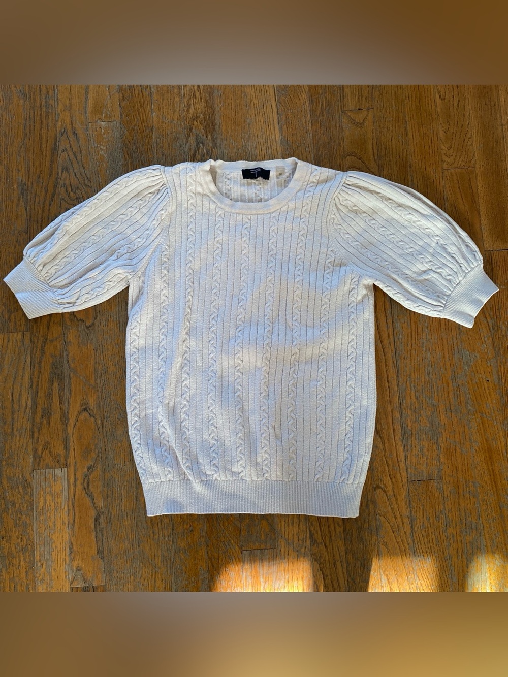Tahari Cream Cable-Knit Puff Sleeve Sweater